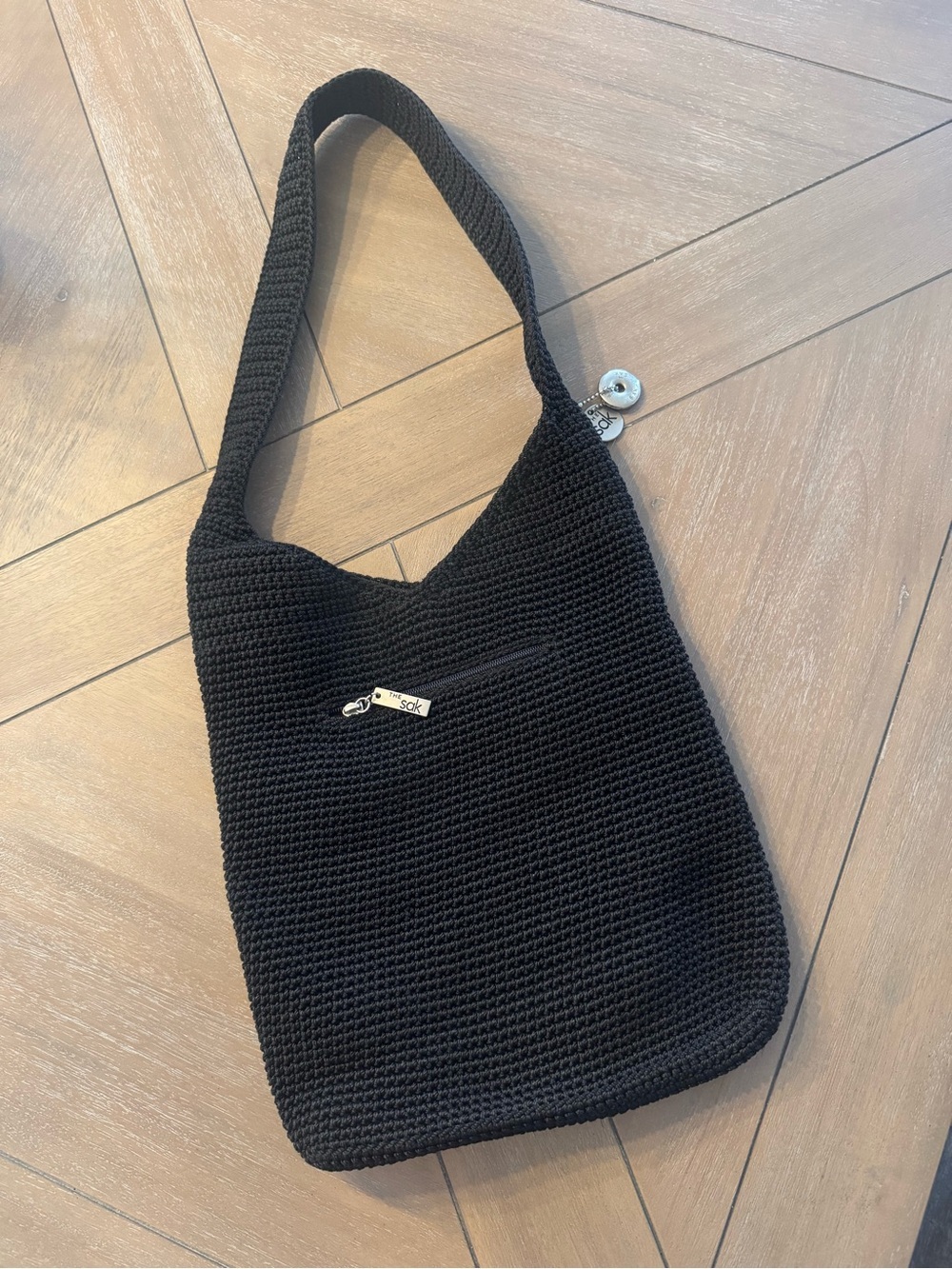 The Sak Black Crochet Shoulder Bag with Front Zipper